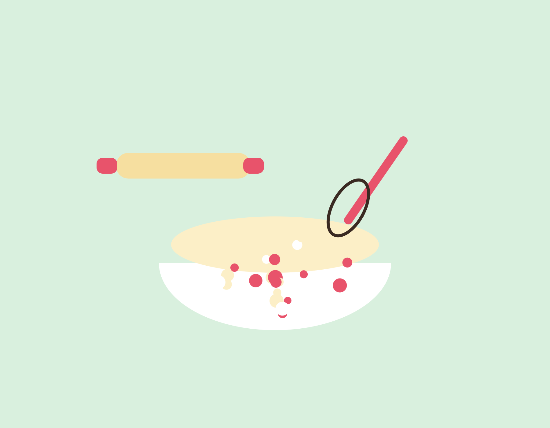 Flat illustration of a mixing bowl, whisk and rolling pin representing fresh home baking at Whisking Wonders, Narsingi