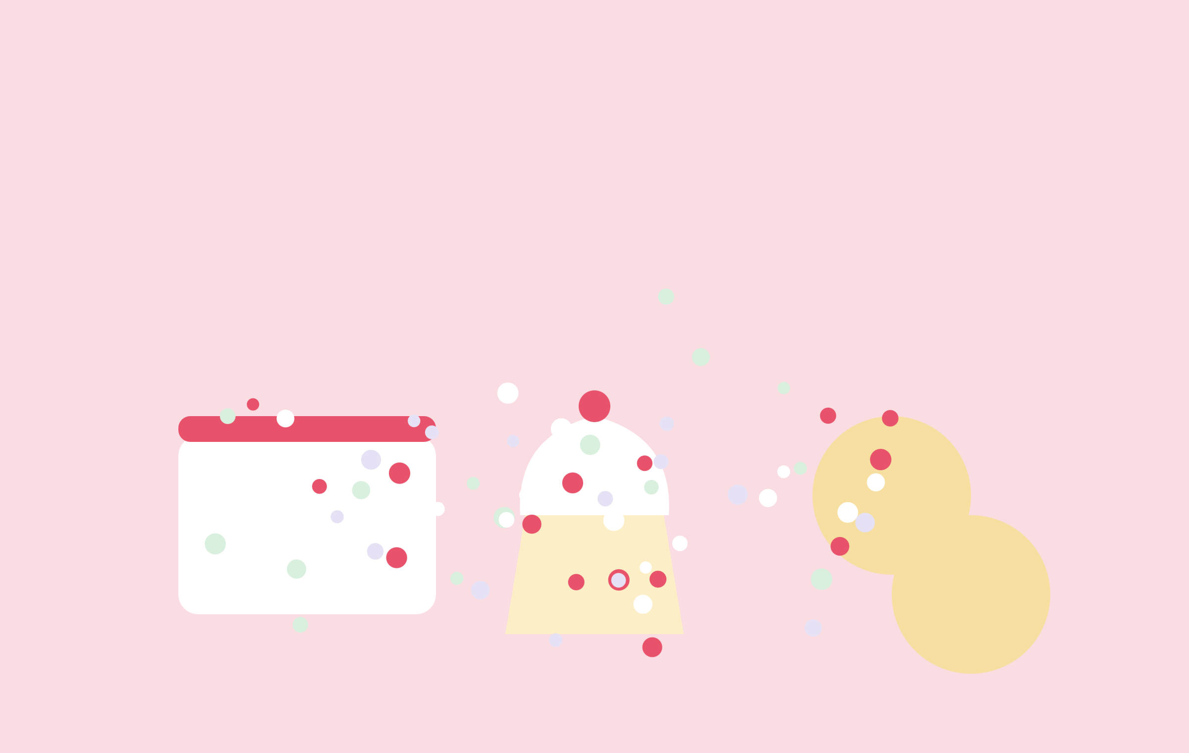 Illustrated spread of eggless cakes, cupcakes and cookies on a blush pink background, Whisking Wonders menu